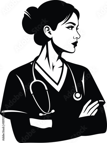 Professional vector illustration of a dedicated female healthcare worker in uniform, showcasing commitment and care in a medical setting