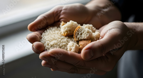 A portrait of two hands holding a small amount of staple foods such as rice and bread. A scene of a food crisis.