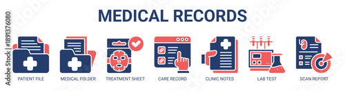 Medical Records web banner icon vector illustration concept with icon of patient file, medical folder, treatment sheet, care record, clinic notes, lab test, and scan report.
