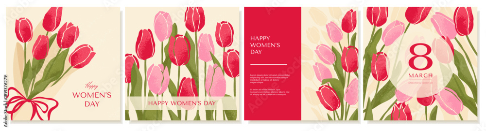 Fototapeta premium Square Greeting Cards With Red And Pink Tulips. Postcard templates for March 8, International Women's Day, Mother's Day. Vector