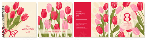 Square Greeting Cards With Red And Pink Tulips. Postcard templates for March 8, International Women's Day, Mother's Day. Vector