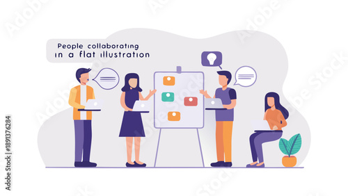Flat illustration of five people collaborating around a presentation board with colorful sticky notes
