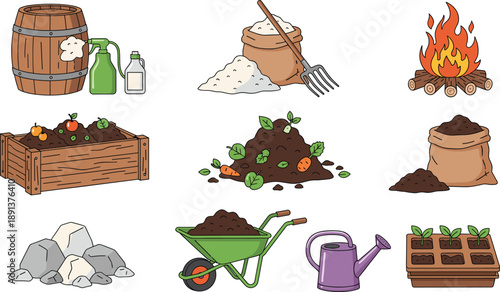 Gardening and composting elements collection with soil fire tools plants and farm materials vector illustration