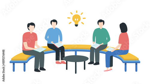 Four adults sitting on benches having a meeting with a lightbulb idea