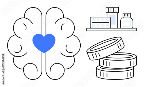 Mental health, healthcare access, pharmaceutical expenses, wellness support, medical economics, treatment funding. Brain with a heart, bottles pills and coin stacks. Mental health and healthcare