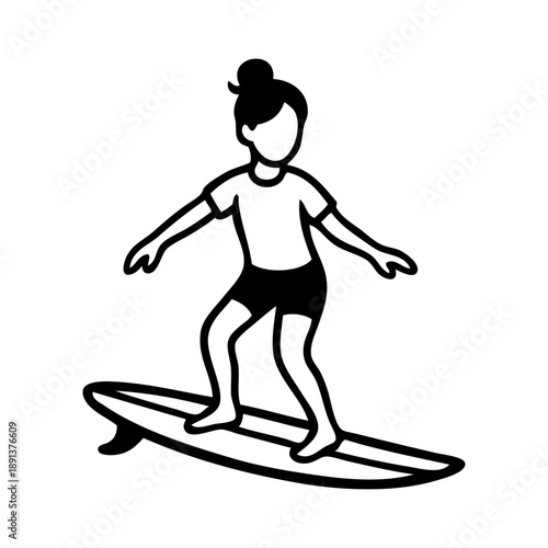 Dibujo con líneas de niña de pie en tabla de surf