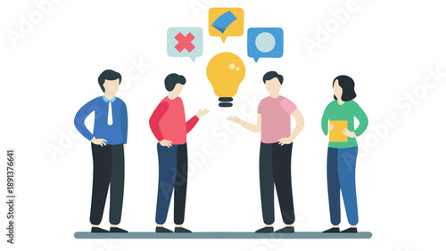 Four diverse professionals brainstorming ideas in a minimalist flat design scene with lightbulb and speech bubbles