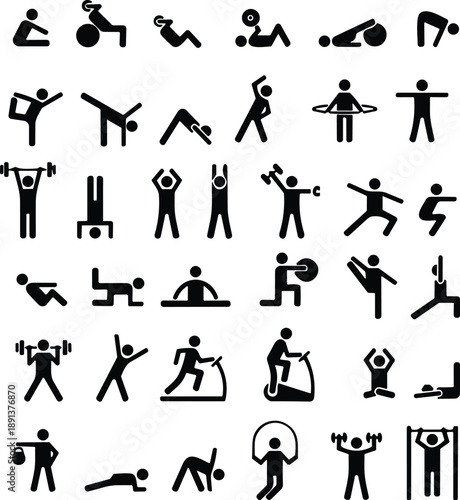 Exercise and fitness icons. Gym and Workout Set. Person Yoga exercises poses. Lunges, Pushups, Squats, Dumbbell rows, Burpees, Side planks, Situps, Glute bridge, Leg Raise, Side Crunch.