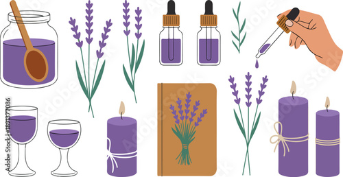 Lavender Aromatherapy Vector Set – Essential Oils, Candles, and Spa Elements