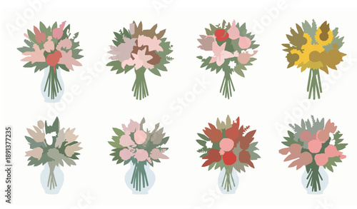Floral bouquet in vase set spring summer flowers vector illustration