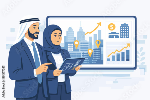 Arab businessman and businesswoman reviewing real estate investment plan