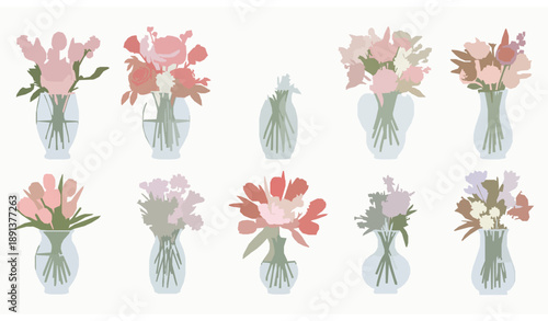 Spring and summer flower bouquets in vases flat vector clip art set