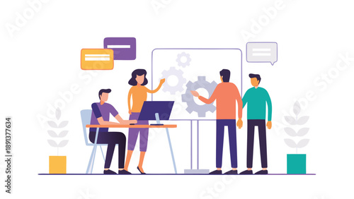 Flat vector illustration of diverse team members collaborating around a desk with a laptop and whiteboard