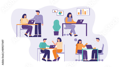 Flat vector illustration of coworkers working together in office setting with laptops and charts