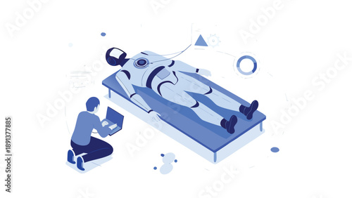 Futuristic illustration of humanoid robot lying on medical bed with technician working on laptop nearby