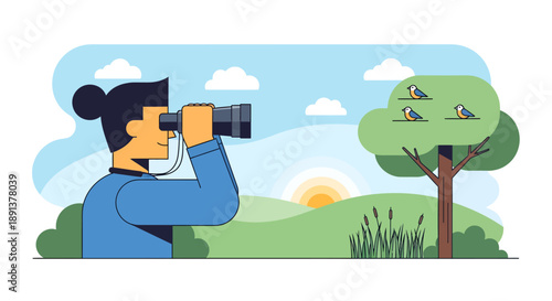 Person observing birds on a tree in a serene landscape during sunrise