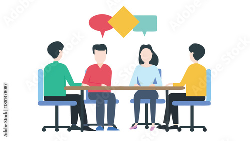 Four diverse professionals in a meeting discussion at a minimalist office table with speech bubbles