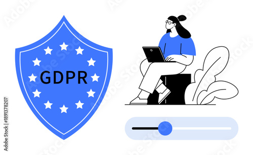 GDPR compliance concept. GDPR shield icon emphasizing data privacy protection with user adjusting settings promoting GDPR awareness, secure online practices, and user consent. Suitable for data
