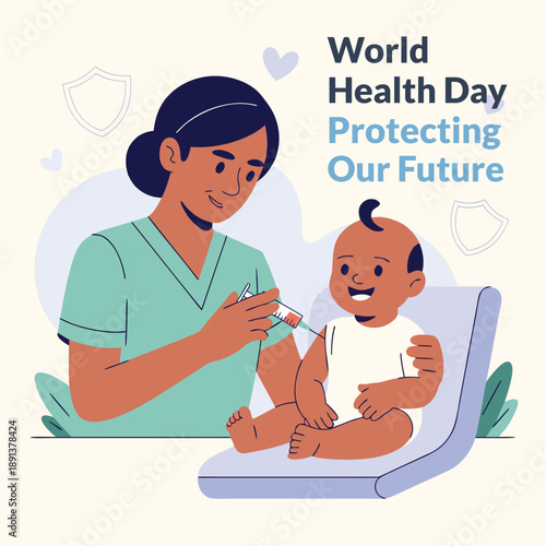 A caring healthcare worker administers a vaccine to a smiling baby promoting world health day