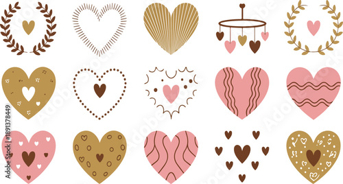Cute Patterned Hearts Vector Collection – Warm Pastel Love Motifs and Wreaths