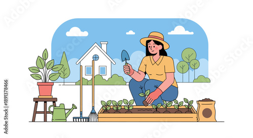 Woman gardening in a serene backyard with plants and gardening tools from a bird's eye view