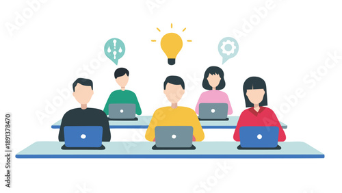 Modern team brainstorming with laptops and lightbulb idea