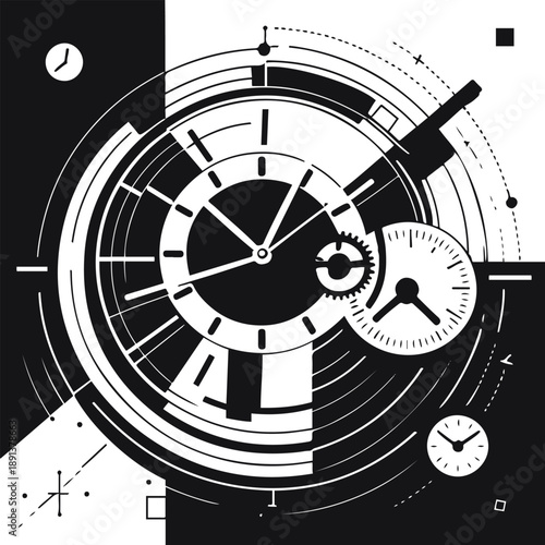 Abstract line art of time management in business with clock elements integrated into workflow diagrams, productivity concept 1