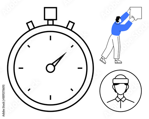 Time management concept. Stopwatch, worker adjusting a box, and delivery icon conveying time-related efficiency. Time management essential for logistics, business, workforce organization