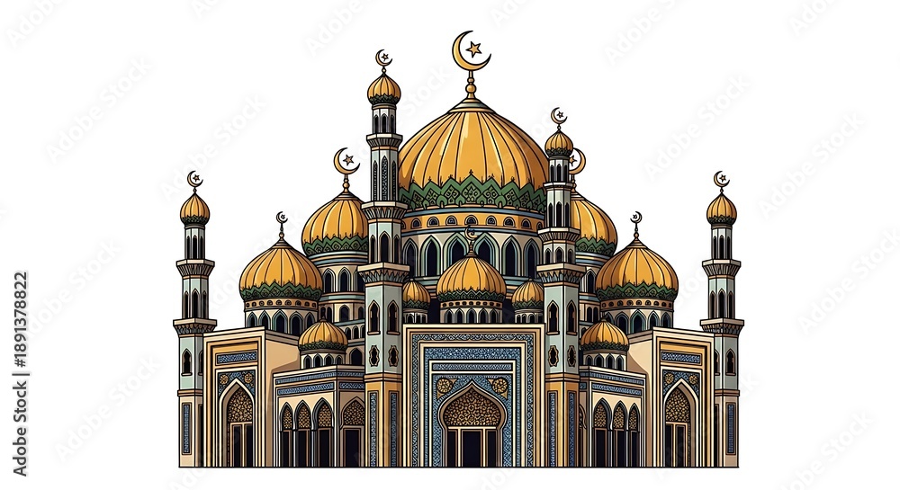 Obraz premium Illustrated mosque with golden domes