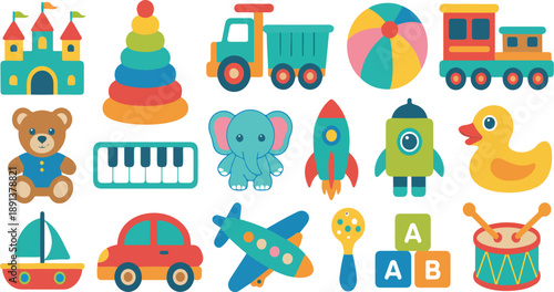 Kids Toys Vector Set – Cars, Robots, Rockets, and Educational Playthings