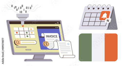 Financial planning, tax filing, digital systems, billing software, reminders, regional compliance. Computer screen with invoice, calendar with alert and Irish flag. Financial planning and tax filing