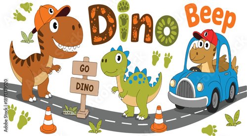 Cute Dinosaur Road Trip Vector Scene – Cars, Traffic Signs, and Playful Dino Characters