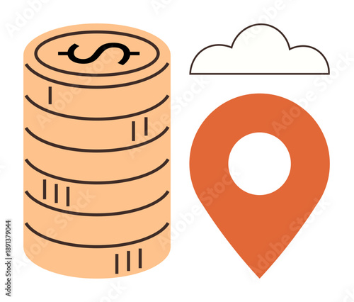 Financial growth, location services, cloud technology, economic planning, digital payments, resource management. Stack of coins, location pin and cloud icon. Financial growth and location services