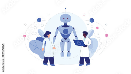 Two scientists in lab coats interact with a futuristic robot surrounded by floating shapes and symbols on a light blue background with a white border