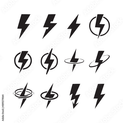 Lightning Bolt Icon Set – Electric Power, Energy Thunder Symbols Vector Collection