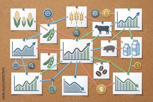 Agricultural market dynamics depicted through interconnected graphs and visuals showcasing farm commodities and economic growth trends enhancing agricultural insights