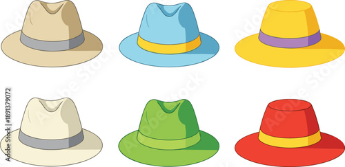Colorful fedora hats collection with different styles and colors isolated fashion accessory vector illustration