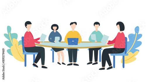 Five coworkers collaborate around a table with laptops in a modern office setting with plants