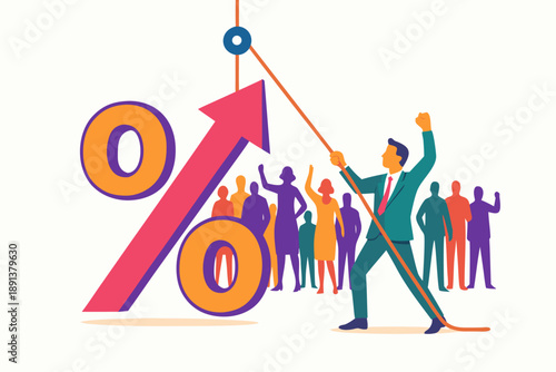 A businessman leads a group of people to success with a growing percentage