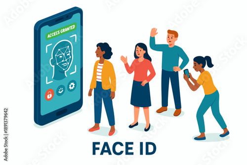 A group of people interacting with a large smartphone displaying face ID technology