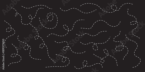 Hand drawn curve dotted line set, White Dotted lines path on Black background.