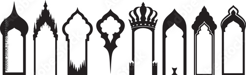 Set of nine black silhouette arabic arches. oriental traditional islamic architectural elements