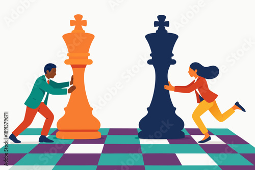 A man and woman pushing giant chess pieces on a board