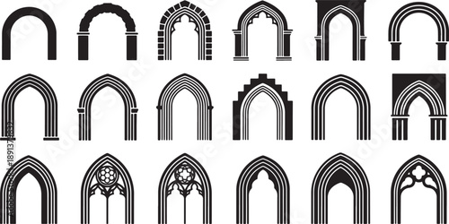 Gothic arch silhouettes and medieval stone window frame collection for architectural illustration