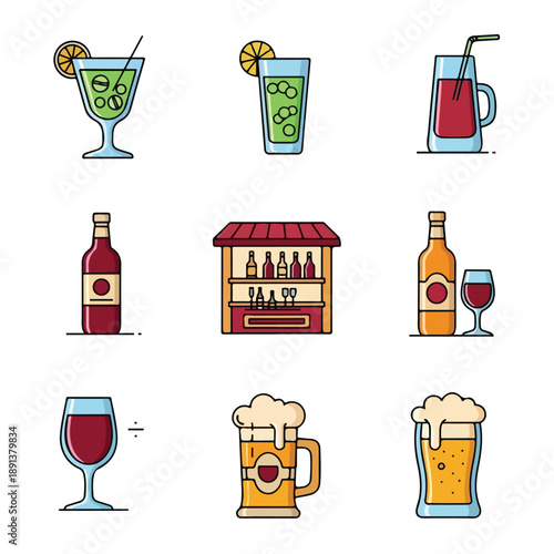 Assorted Alcoholic Drinks and Beverage Icons.