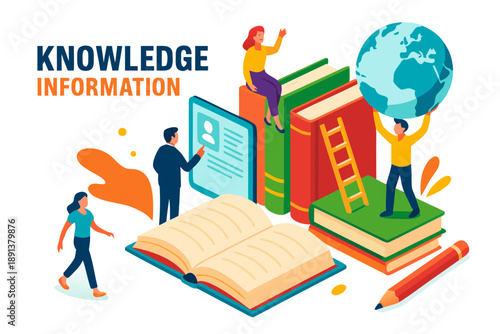A colorful illustration of people learning and gaining knowledge with books and a globe