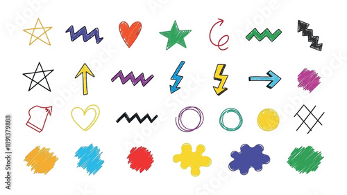 Colorful Vector Shapes: A vibrant collection of hand-drawn shapes including stars, hearts, arrows, and squiggles, perfect for adding a touch of personality to any design. 