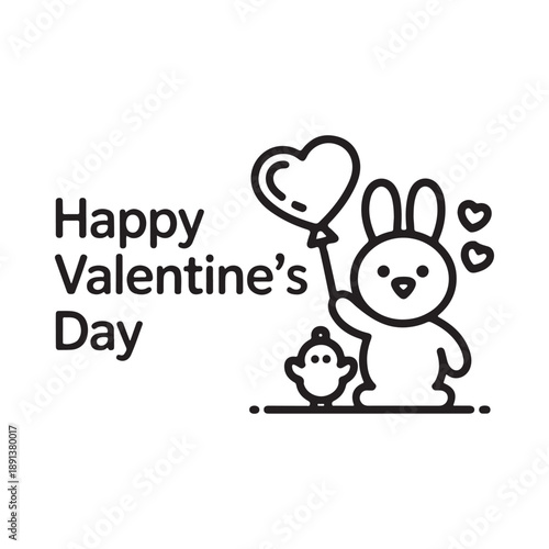 A cute bunny holding a heart shaped balloon with a chick celebrating valentine s day