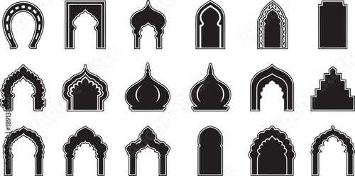 Set of islamic arabic ornamental arch silhouettes, elegant muslim window or door shapes, mosque and eastern architecture