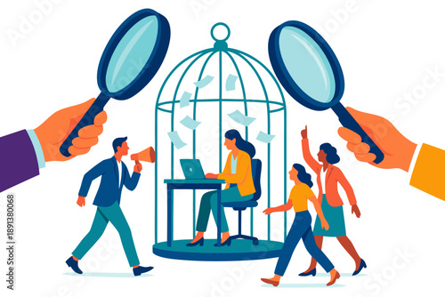 A group of people interacting with a large birdcage in an office setting